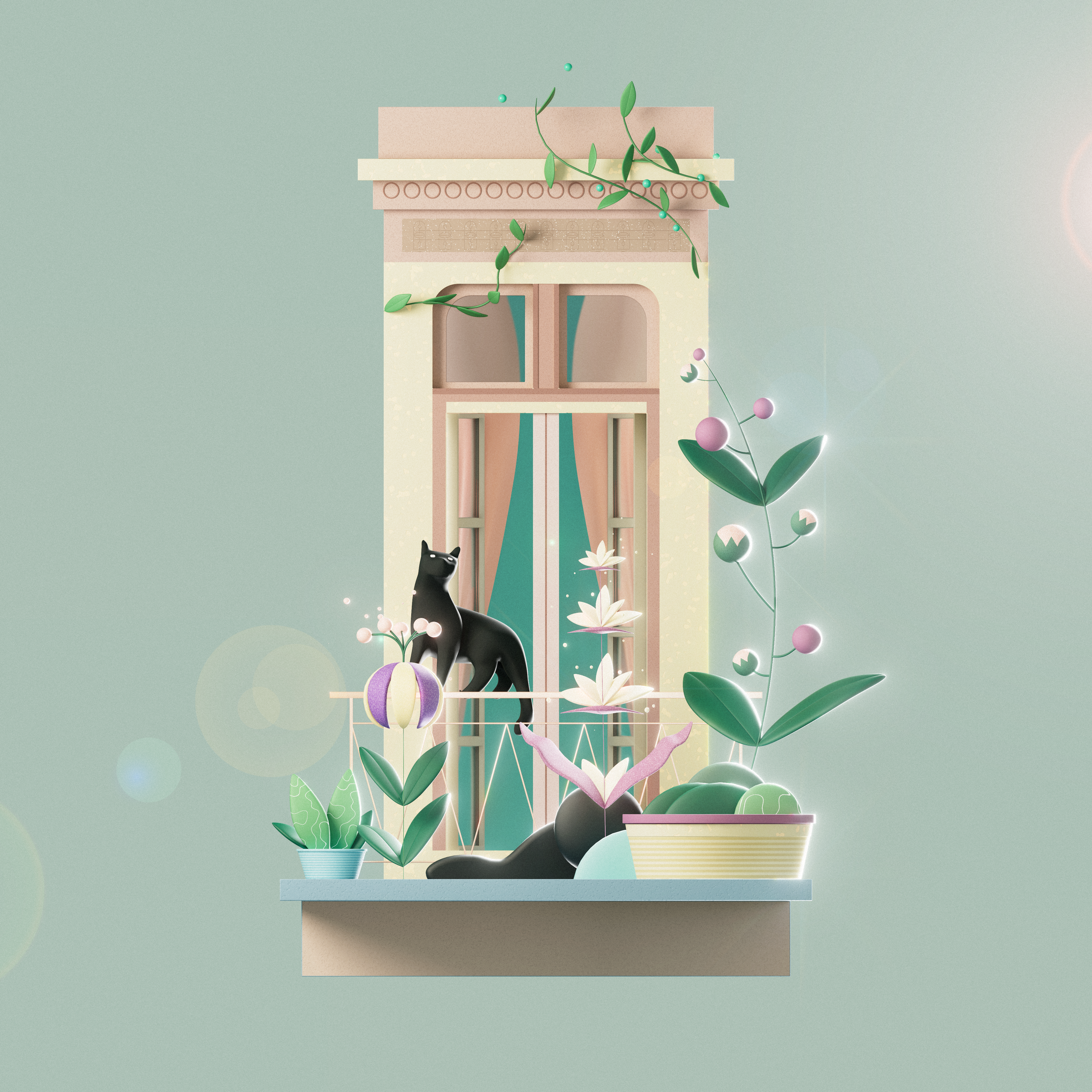 A cat on the balcony — illustration 3D